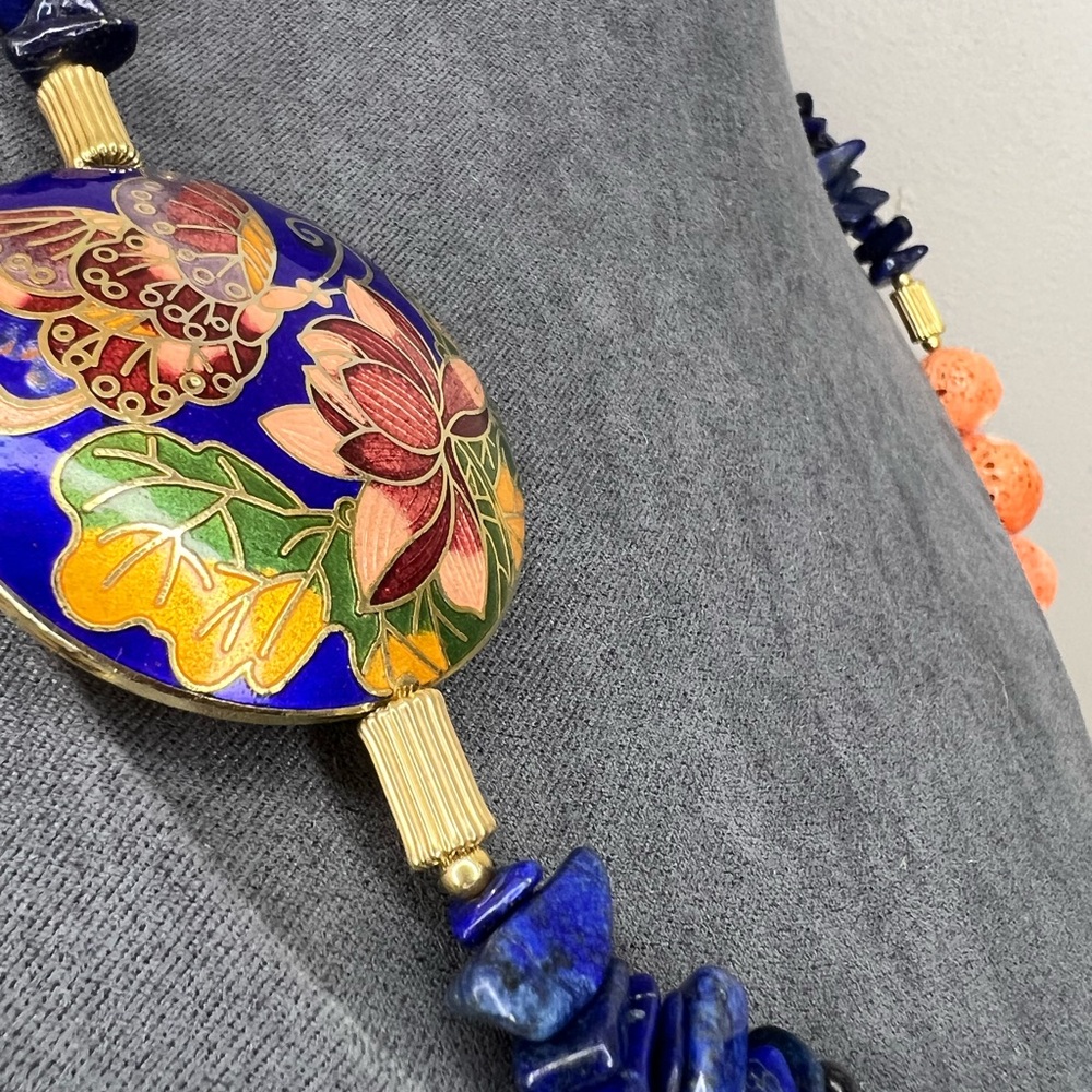 Lapis Lazuli Blue & Orange Sponge Coral Floral Cloisonné Pendant MJ Necklace - Picture 5 of 14